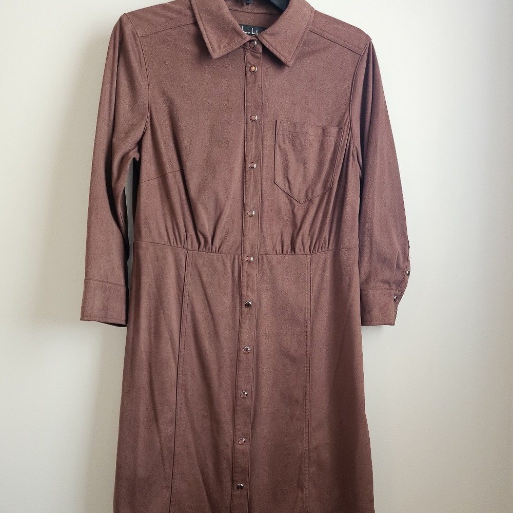 Brown Faux Suede Button-Up Shirt Dress